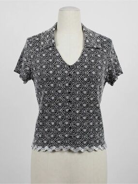 NICOLA Black and White Crochet Button-Front Short Sleeve Top